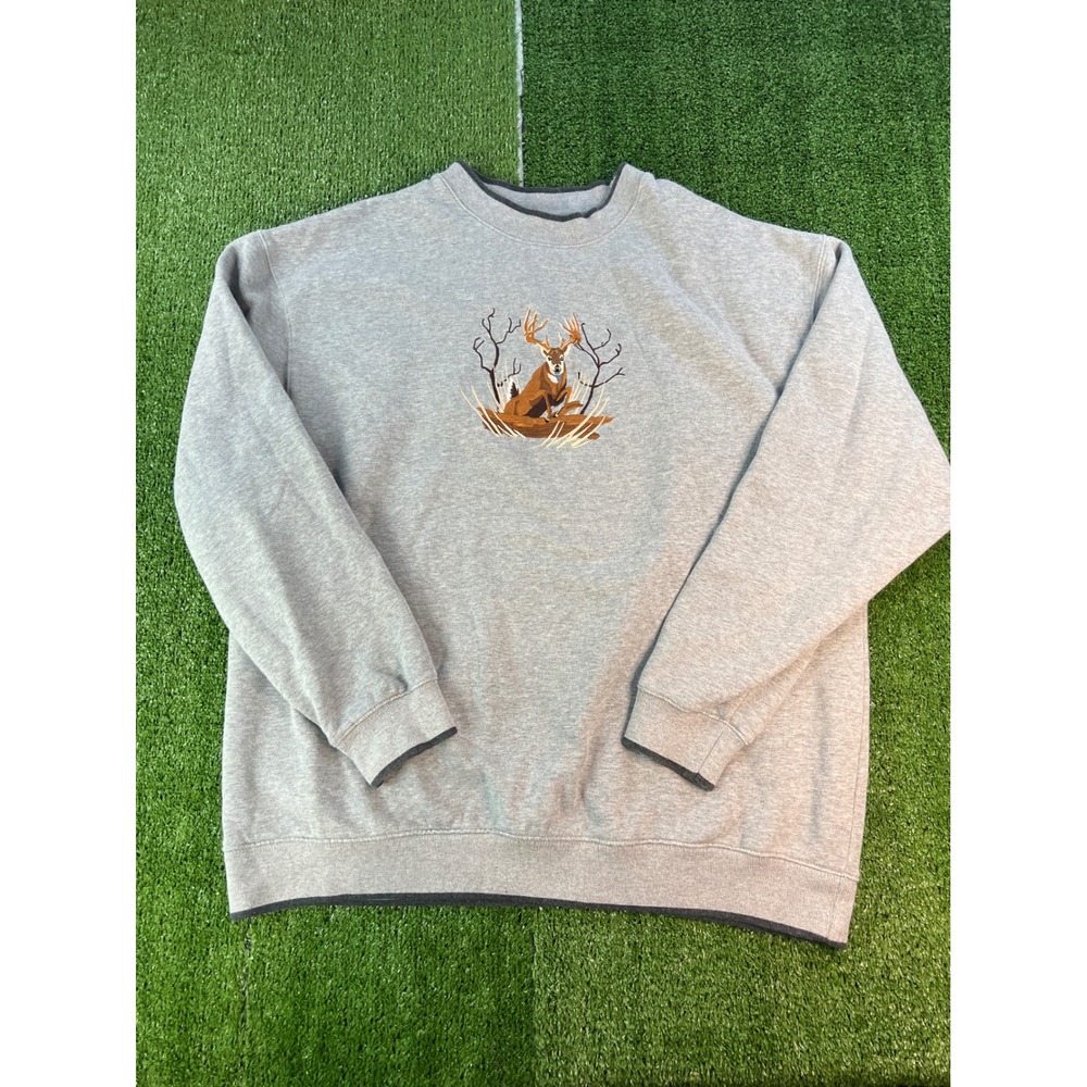 Vintage Deer Embroidered Nature Graphic Mens Gray Crewneck Sweatshirt Size XXL